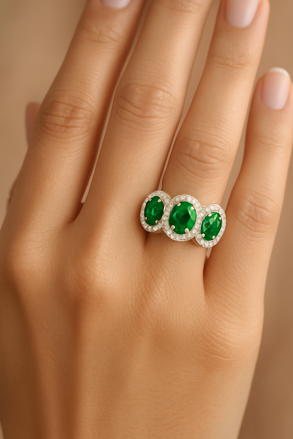 Triple Oval Emerald Ring – 7x5 mm Stones with Diamond Halo -
