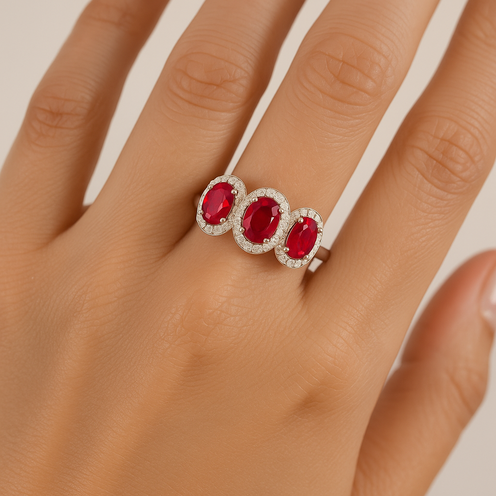 Triple Oval Ruby Ring – 7x5 mm Stones with Diamond Halo
