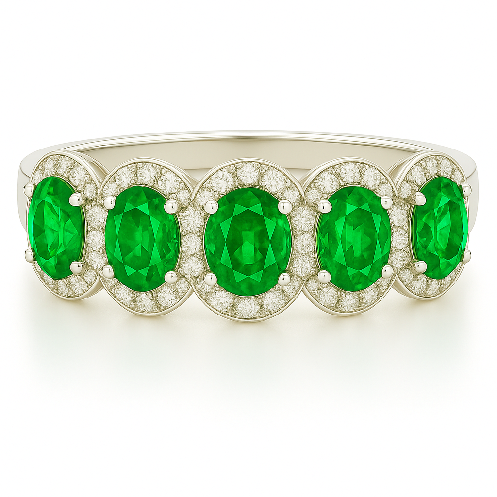 Five-Stone Emerald Ring – Oval 5x4 mm with Diamond Halo