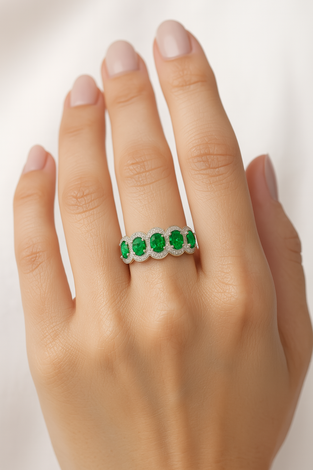 Five-Stone Emerald Ring – Oval 5x4 mm with Diamond Halo