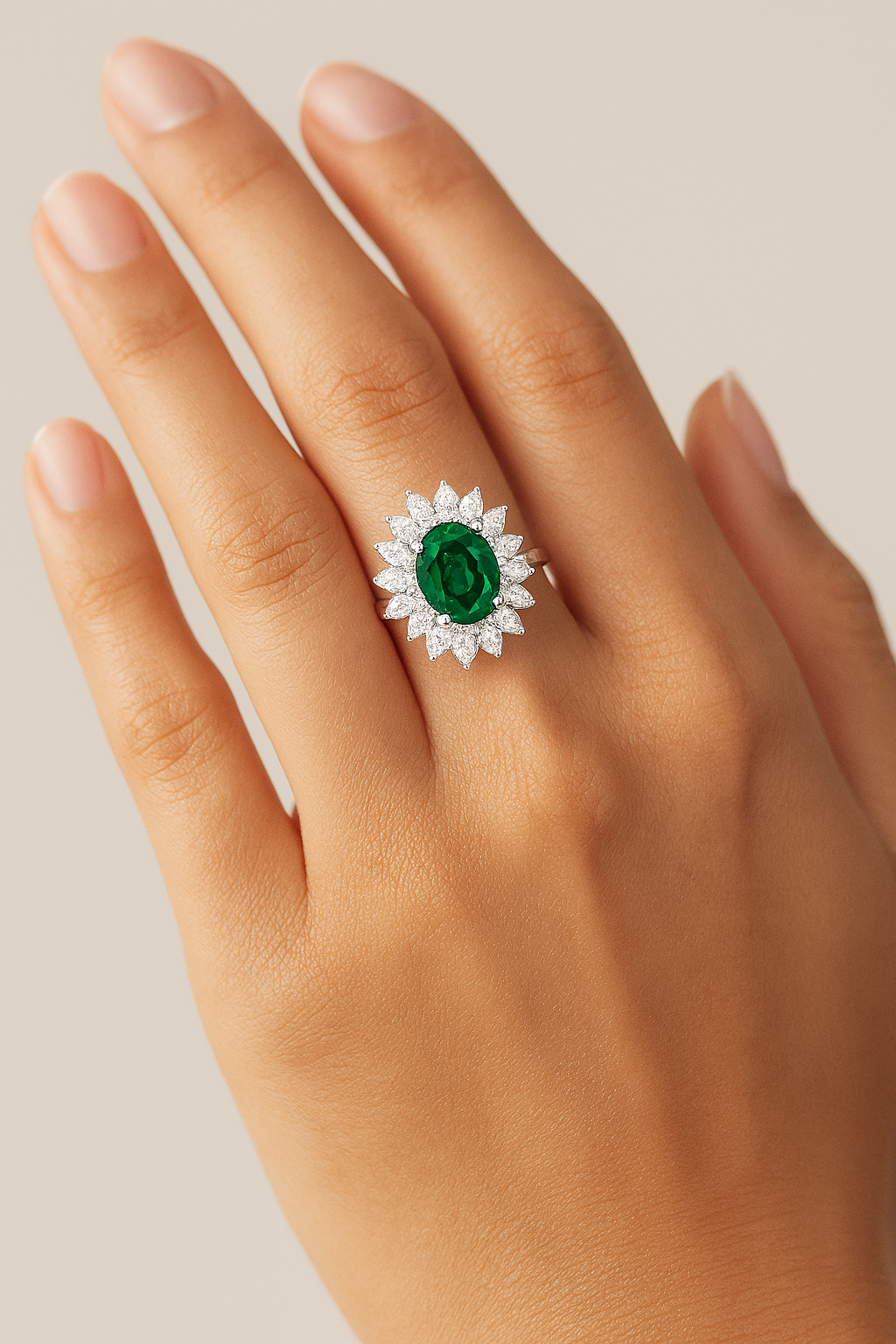 Double Halo Emerald Ring – Oval 5x4 mm with Layered Diamond Frame
