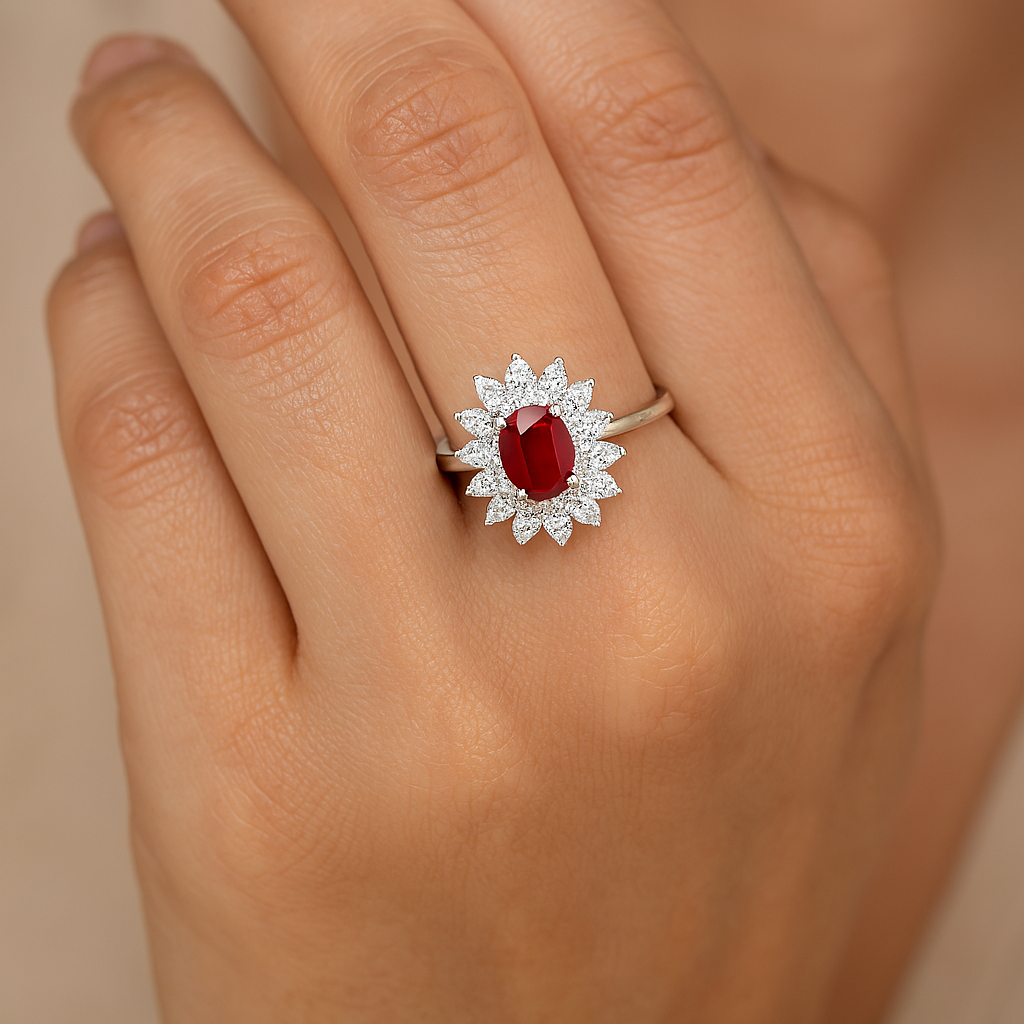 Double Halo Ruby Ring – Oval 5x4 mm with Layered Diamond Accents