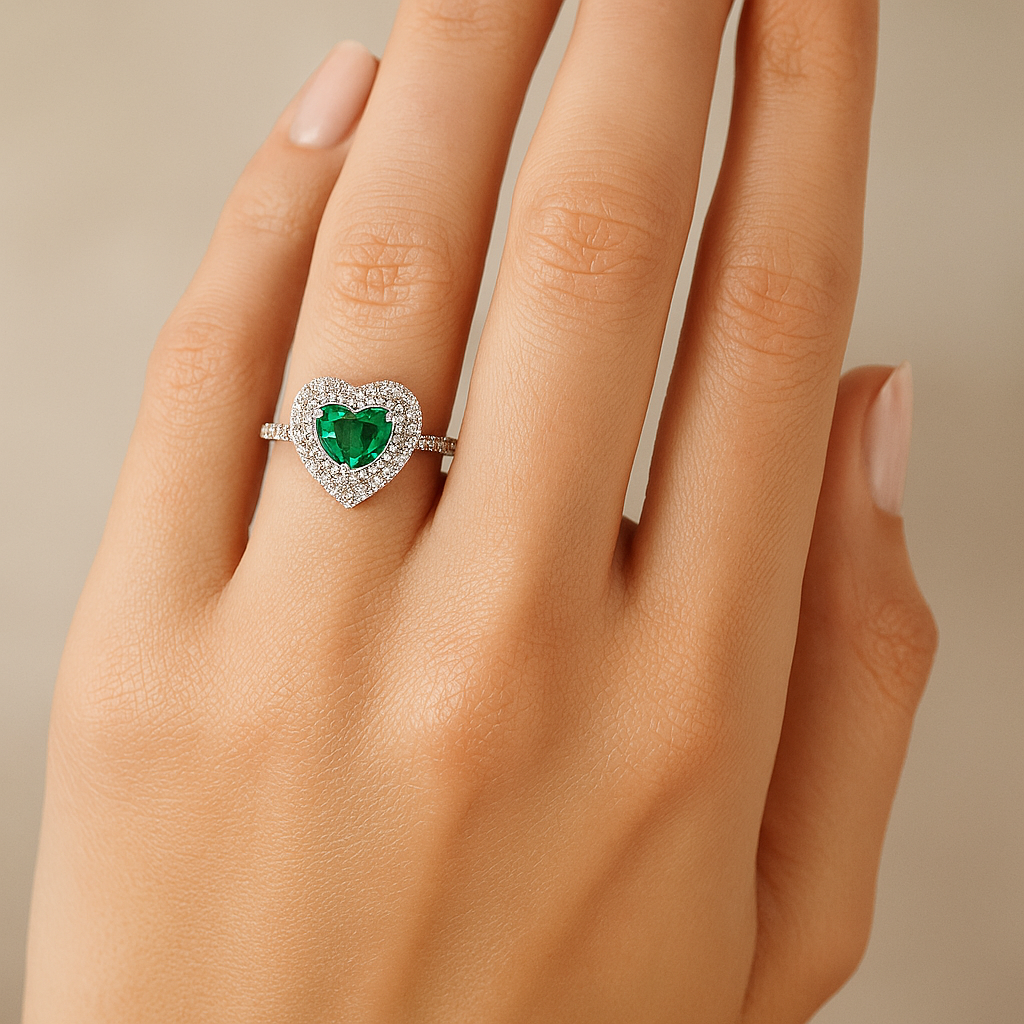 Double Halo Heart-Shaped Emerald Ring with Diamond Band – 5mm