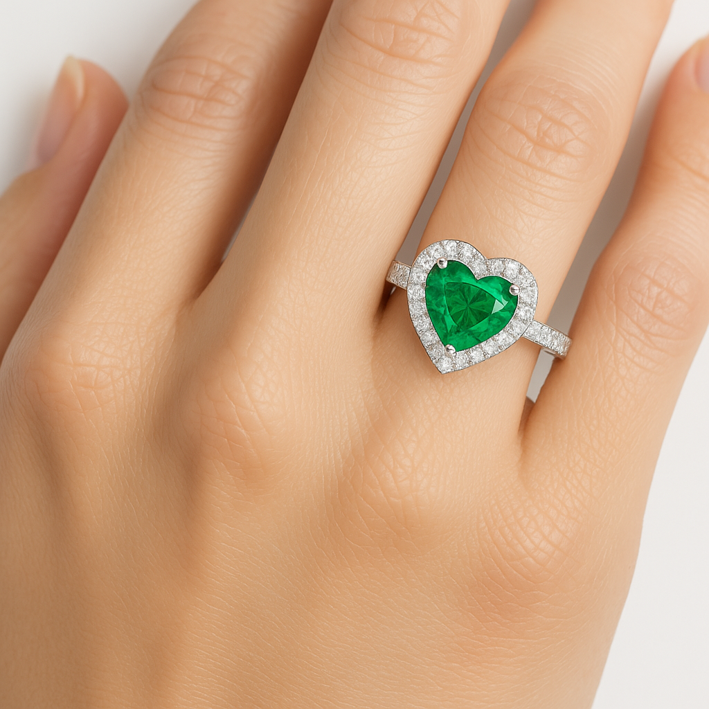 Heart-Shaped 6.5mm Emerald Ring with Diamond Halo and Pave Band