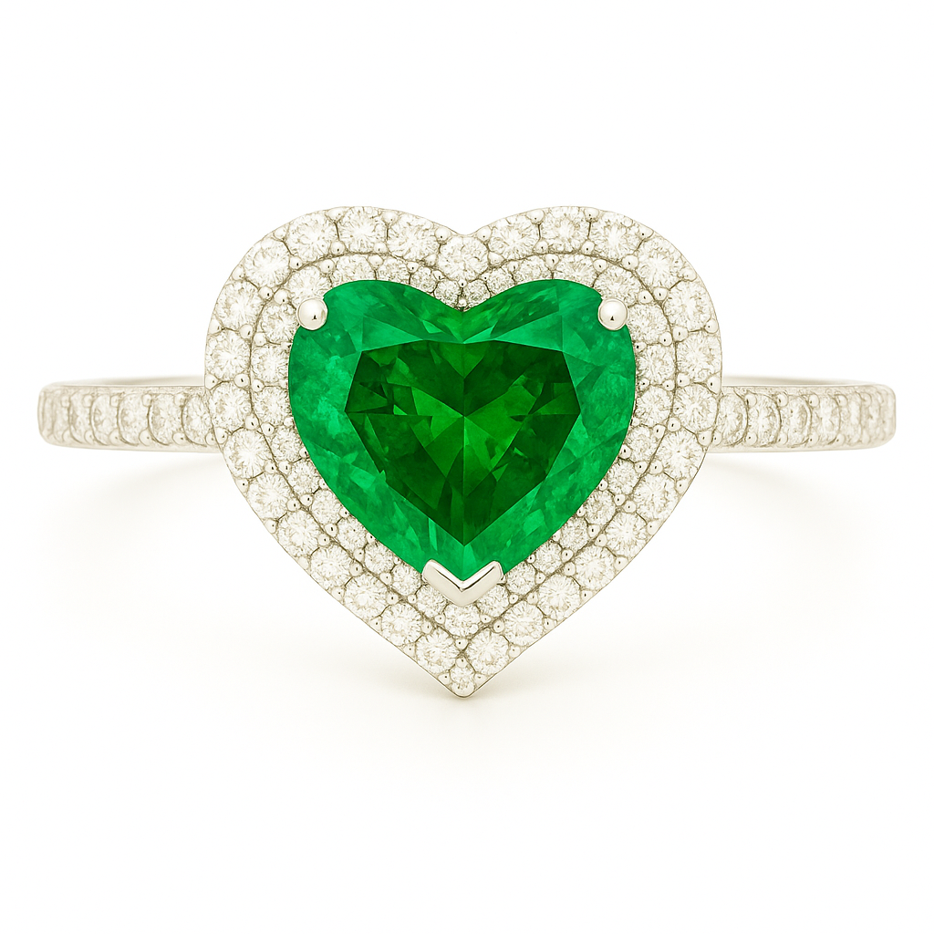 Double Halo Heart-Shaped Emerald Ring with Diamond Band – 5mm