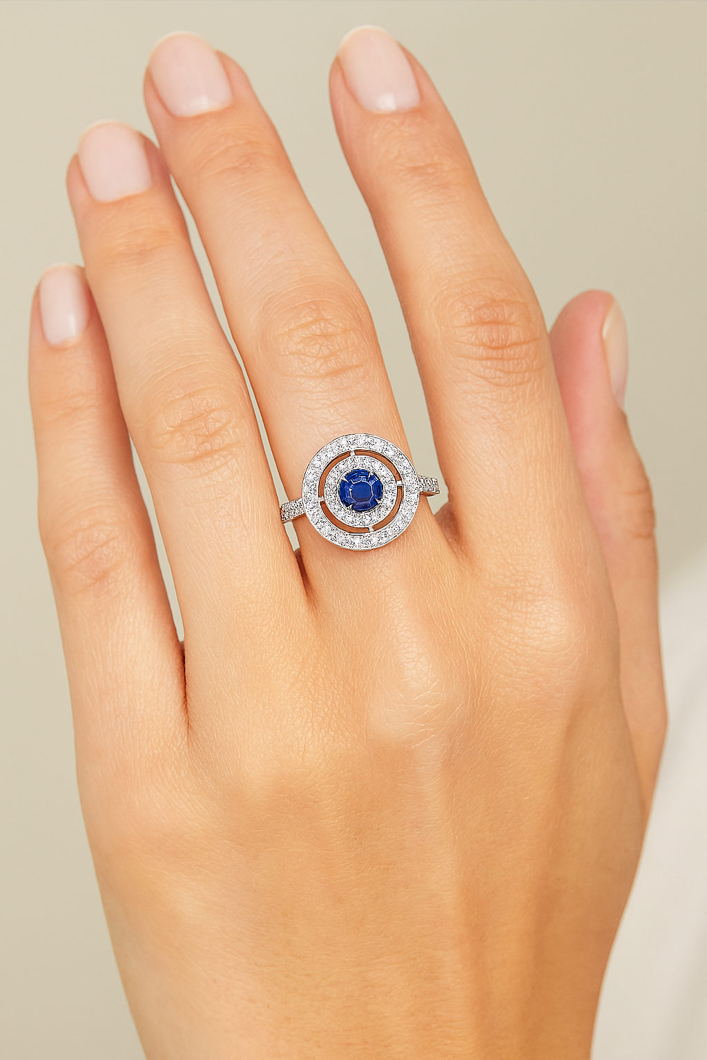 Round Blue Sapphire Ring with Double Diamond Halo