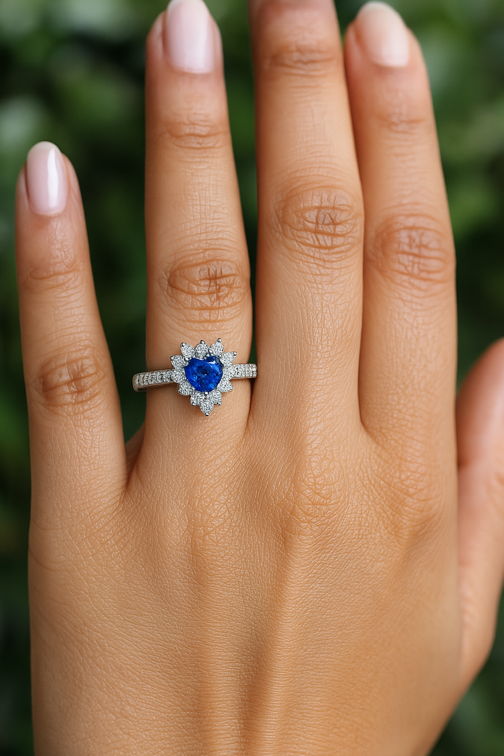 Heart-Shaped Blue Sapphire Ring with Diamond Halo and Band