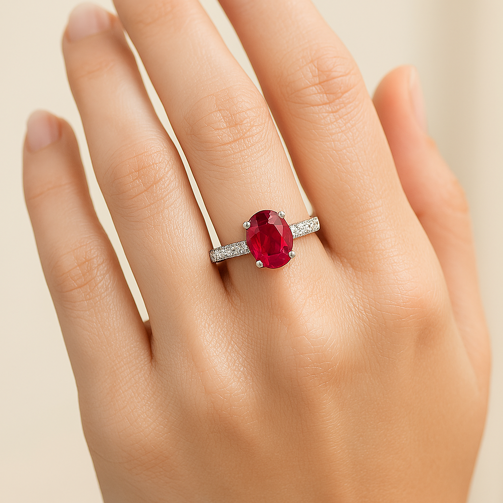High-Mounted (5X4) Oval Ruby Ring with Diamond-Accented Band