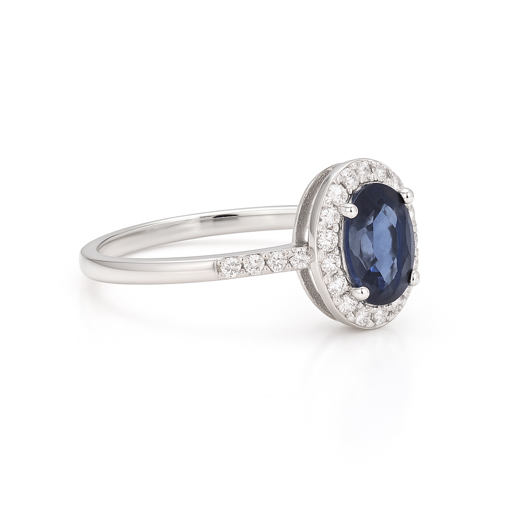 Oval Sapphire Halo Ring with Diamond-Set Band