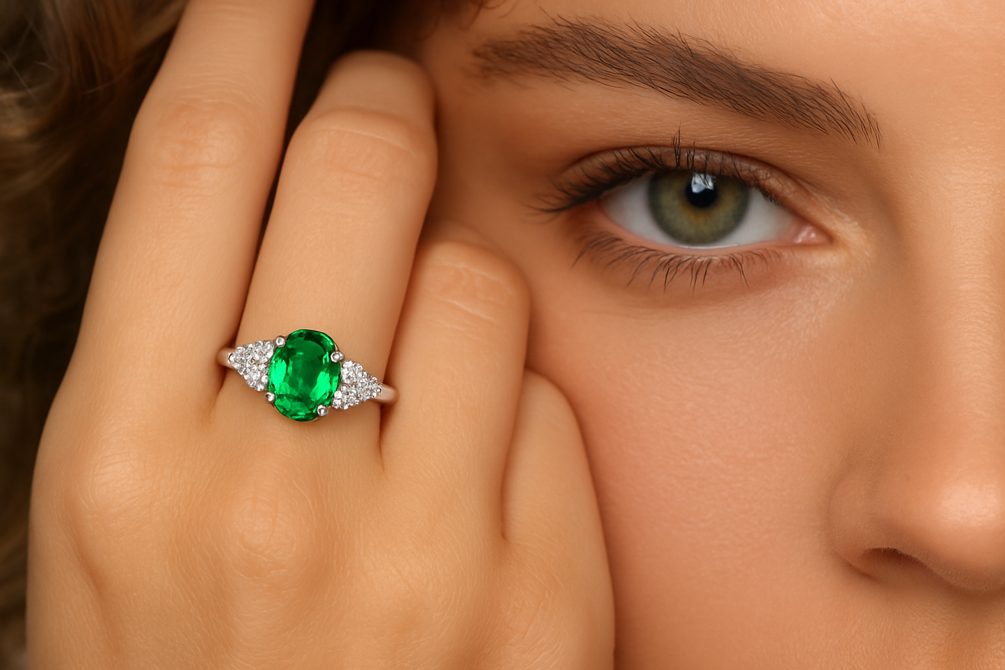 Oval Emerald Ring with Side Diamond Accents (7X5)