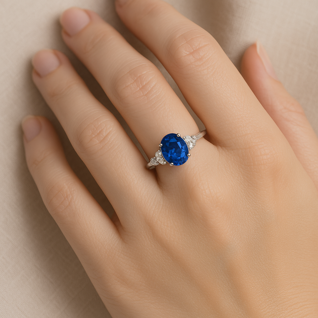 Oval Blue Sapphire Ring with Side Diamonds