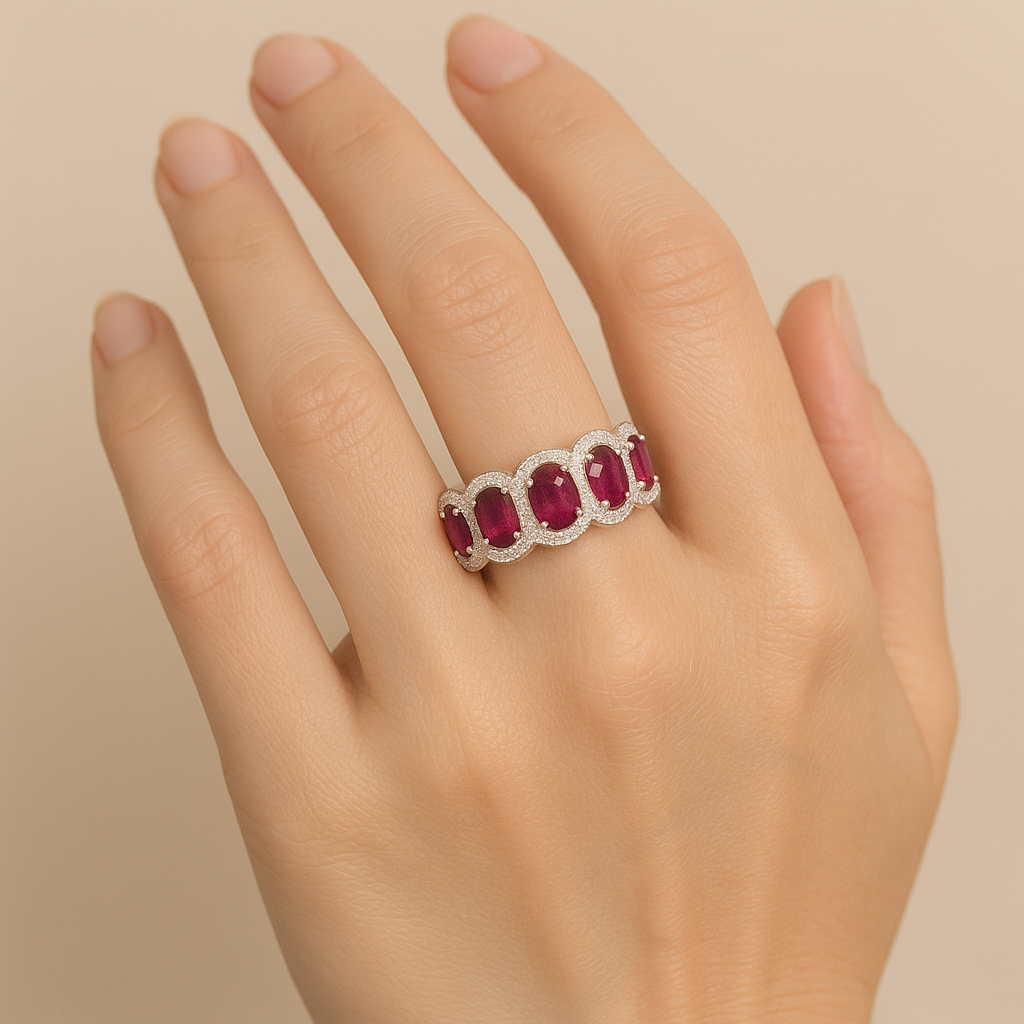 Five-Stone Ruby Ring – Oval 5x4 mm with Diamond Halo