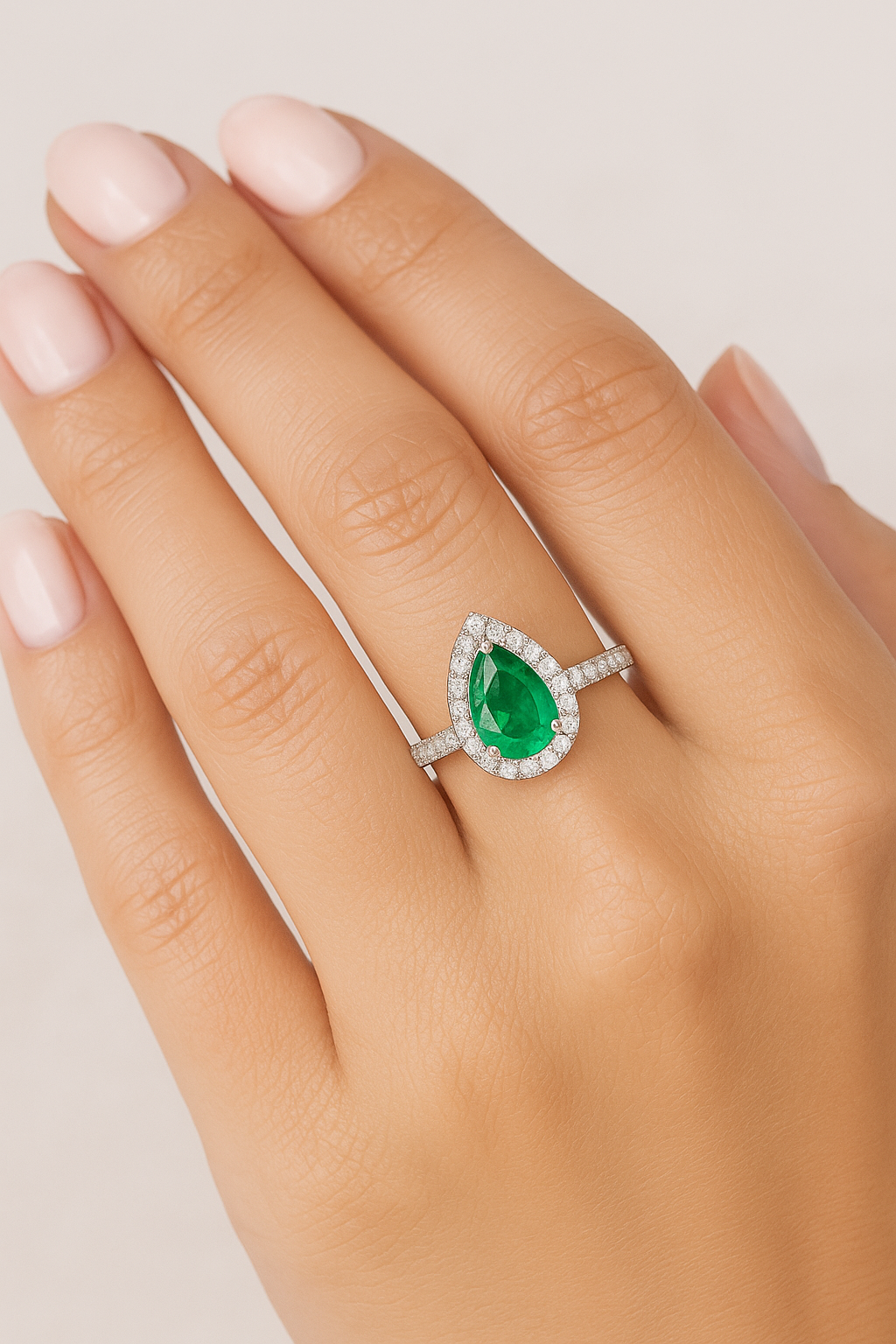 Pear-Shaped Emerald Halo Ring with Natural Diamonds