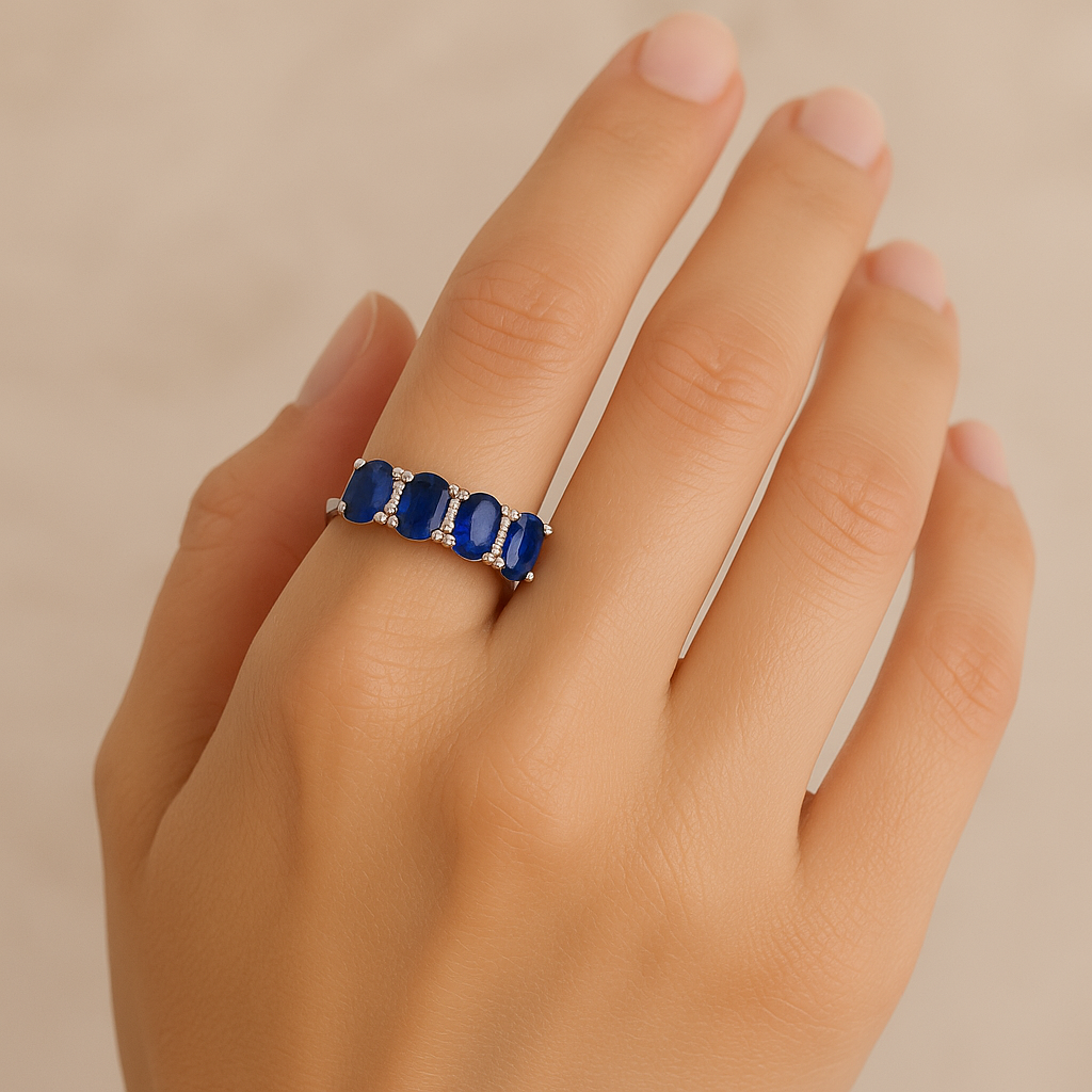 Seven-Stone Blue Sapphire Eternity Ring with Natural Diamonds