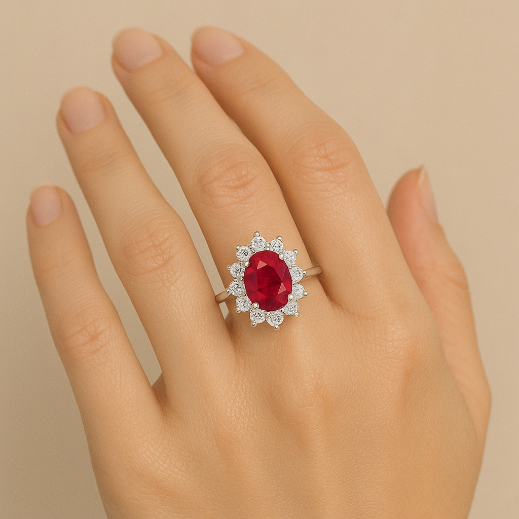 Petite Oval Ruby Ring – 5x4 mm with Pointed Diamond Halo
