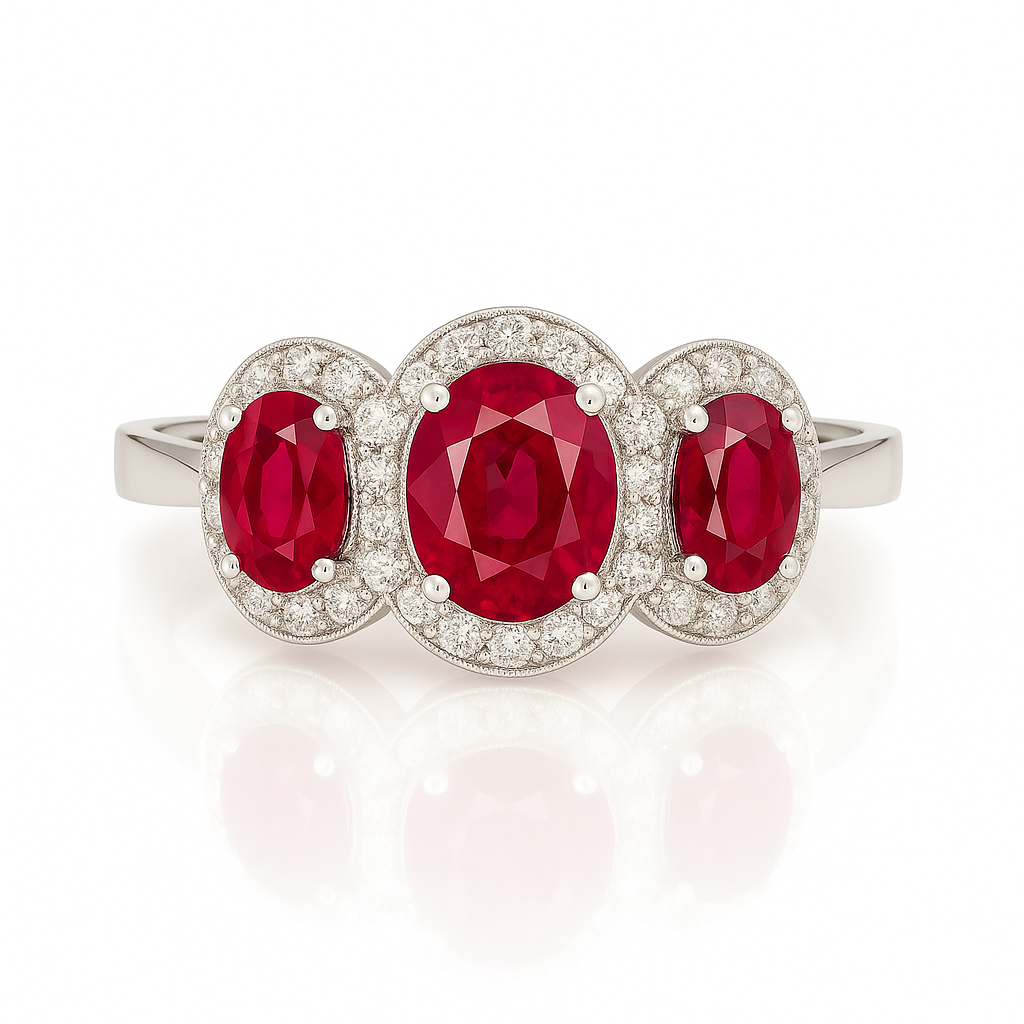 Trilogy Ruby Ring – Center Oval 7x5 mm with Side 5x4 mm Rubies and Diamond Halo