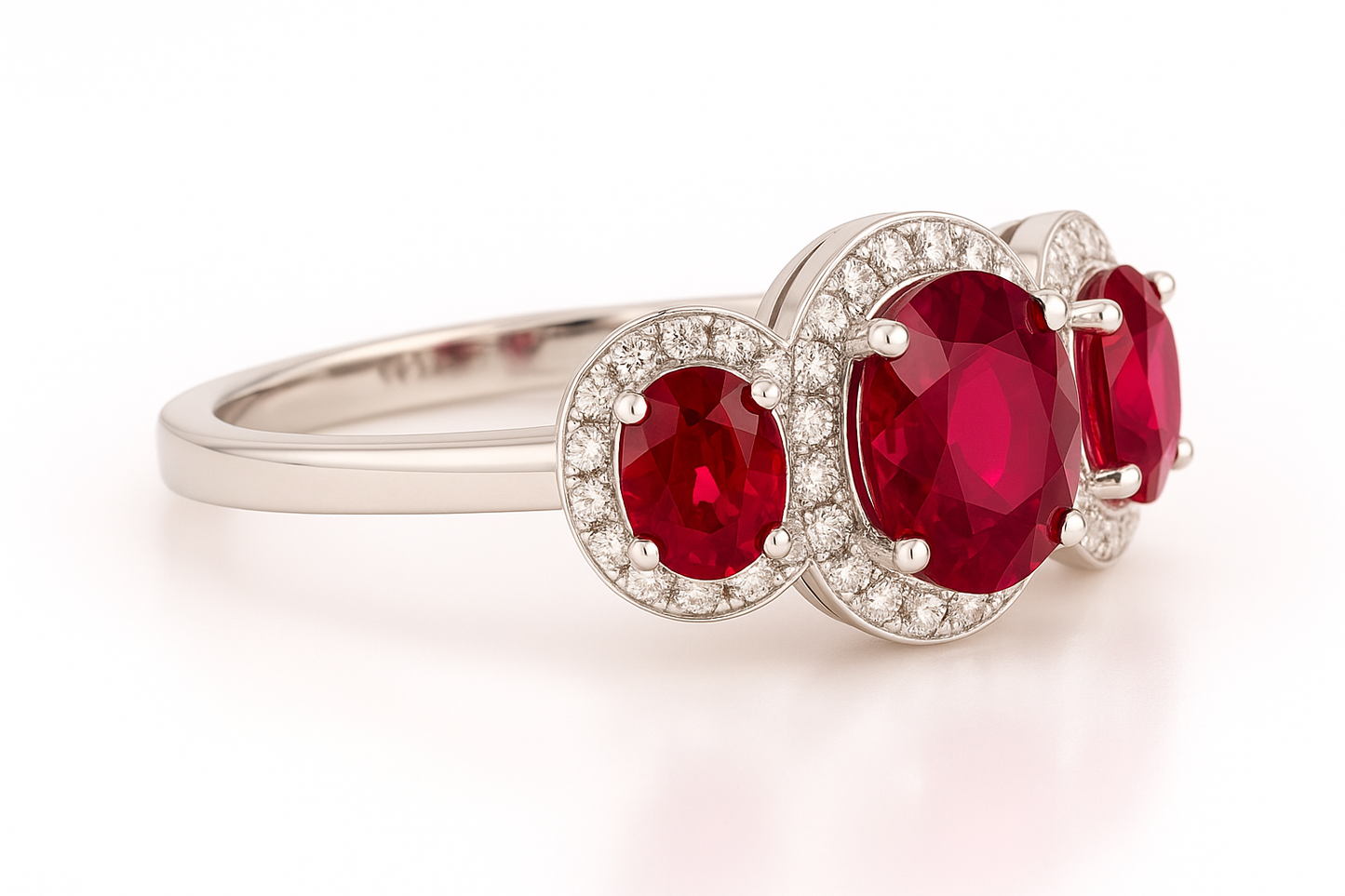 Trilogy Ruby Ring – Center Oval 7x5 mm with Side 5x4 mm Rubies and Diamond Halo
