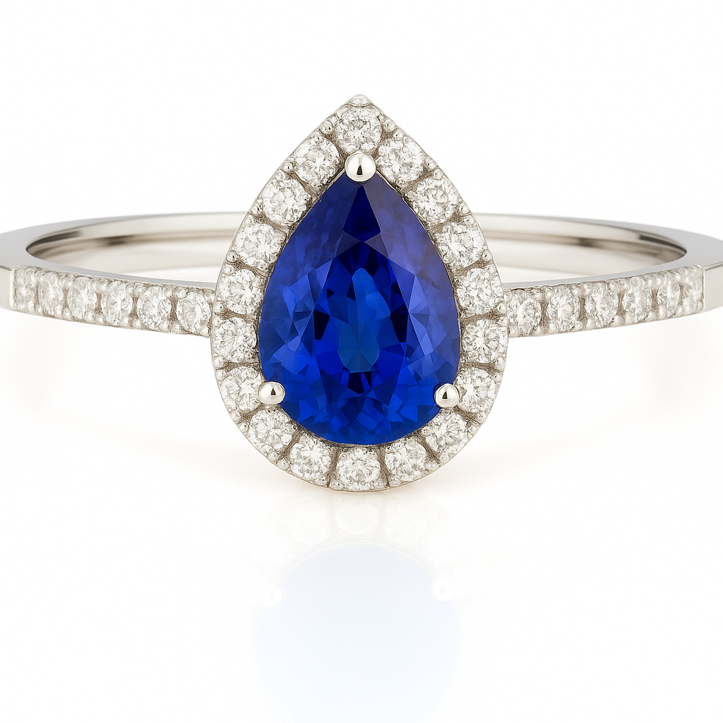 Pear-Shaped Sapphire Halo Ring with Natural Diamonds