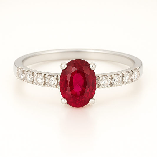 High-Mounted (5X4) Oval Ruby Ring with Diamond-Accented Band
