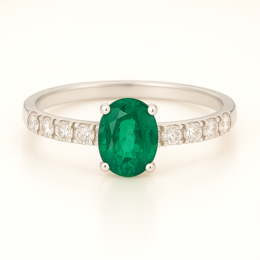 High-Mounted Oval Emerald Ring with Diamond-Set Band