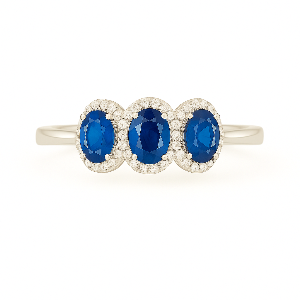 Triple Oval Sapphire Ring – 7x5 mm Stones with Circular Diamond Halo