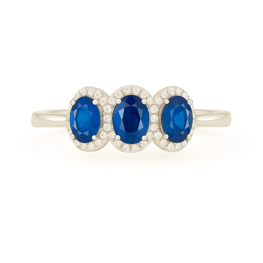 Triple Oval Sapphire Ring – 7x5 mm Stones with Circular Diamond Halo