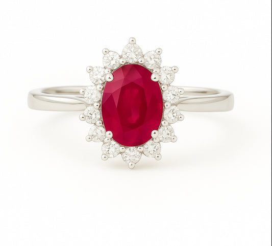 Oval Ruby (7x5 mm) ring with Pointed Diamond Halo