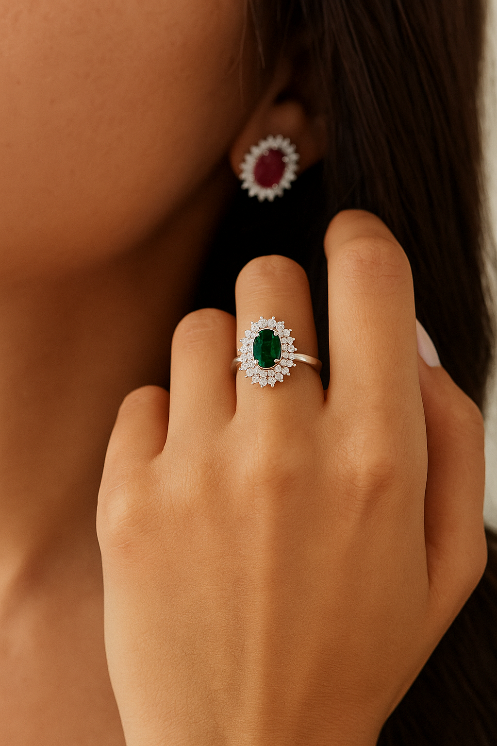 Oval Emerald (9x7mm) Ring with Double Halo of Natural Diamonds