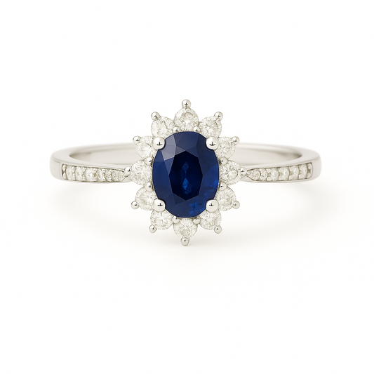 Oval Sapphire (5x4mm) Ring with Pointed Diamond Halo and Band Accents