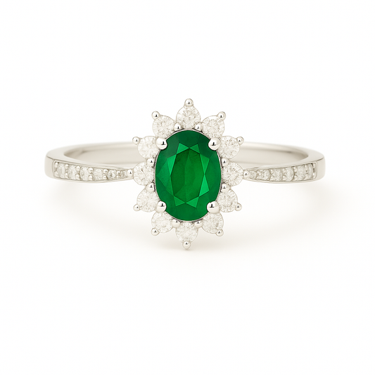 Oval Emerald (5x4mm) Ring with Pointed Diamond Halo and Diamond-Set Band