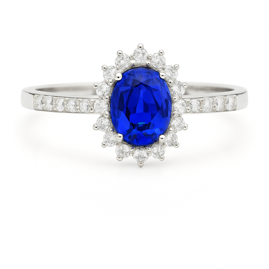 Oval Blue Sapphire Halo Ring with Diamond-Set Band