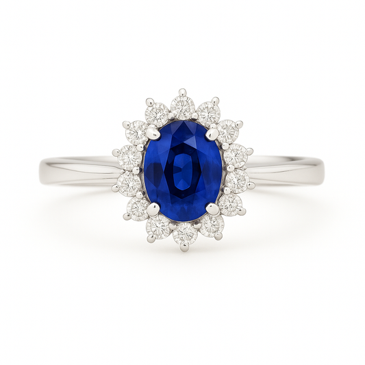 Oval Sapphire (7x5 mm) ring with Pointed Diamond Halo