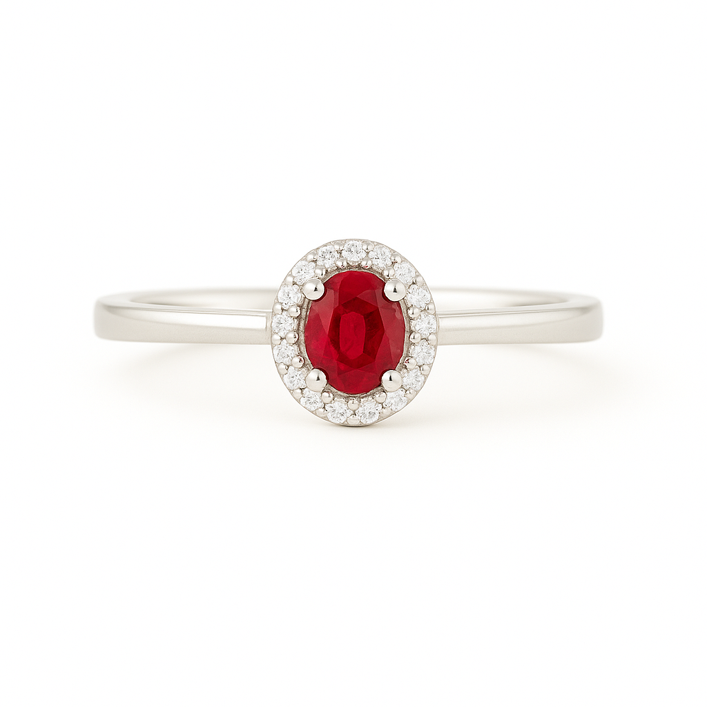 Oval Ruby (5x4 mm) ring with Round Diamond Halo