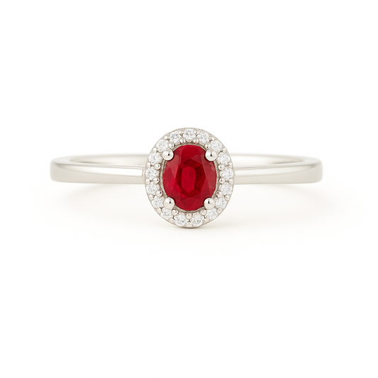 Oval Ruby (5x4 mm) ring with Round Diamond Halo