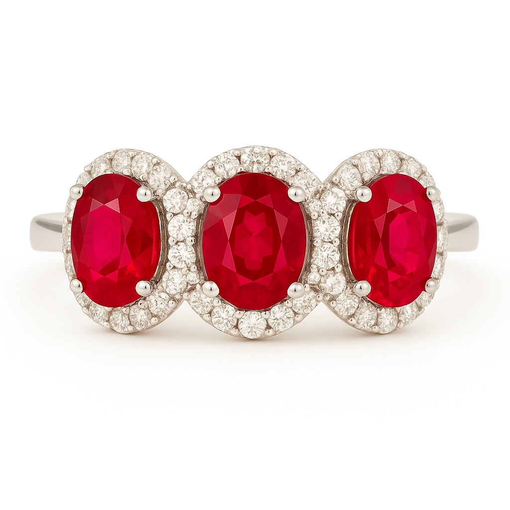Triple Ruby Elegance – Three Oval Rubies (8x6 mm) with Round Diamond Halo Ring