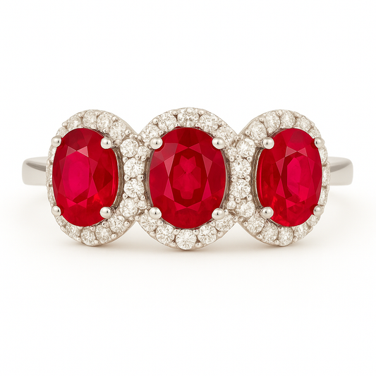 Triple Ruby Elegance – Three Oval Rubies (8x6 mm) with Round Diamond Halo Ring