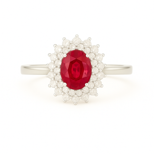 Regal Ruby Halo Ring – Oval Ruby (7x5 mm) with Double Diamond Layers