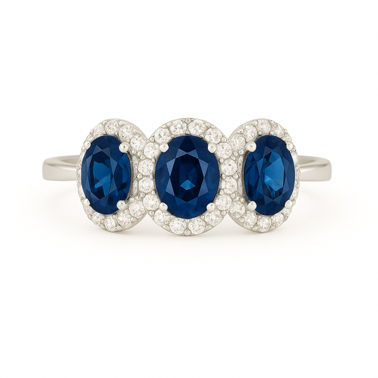 Triple Sapphire Oval Ring – 3x (6x4 mm) Sapphires with Diamond Halo