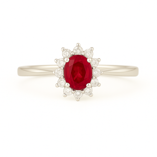 Petite Oval Ruby Ring – 5x4 mm with Pointed Diamond Halo