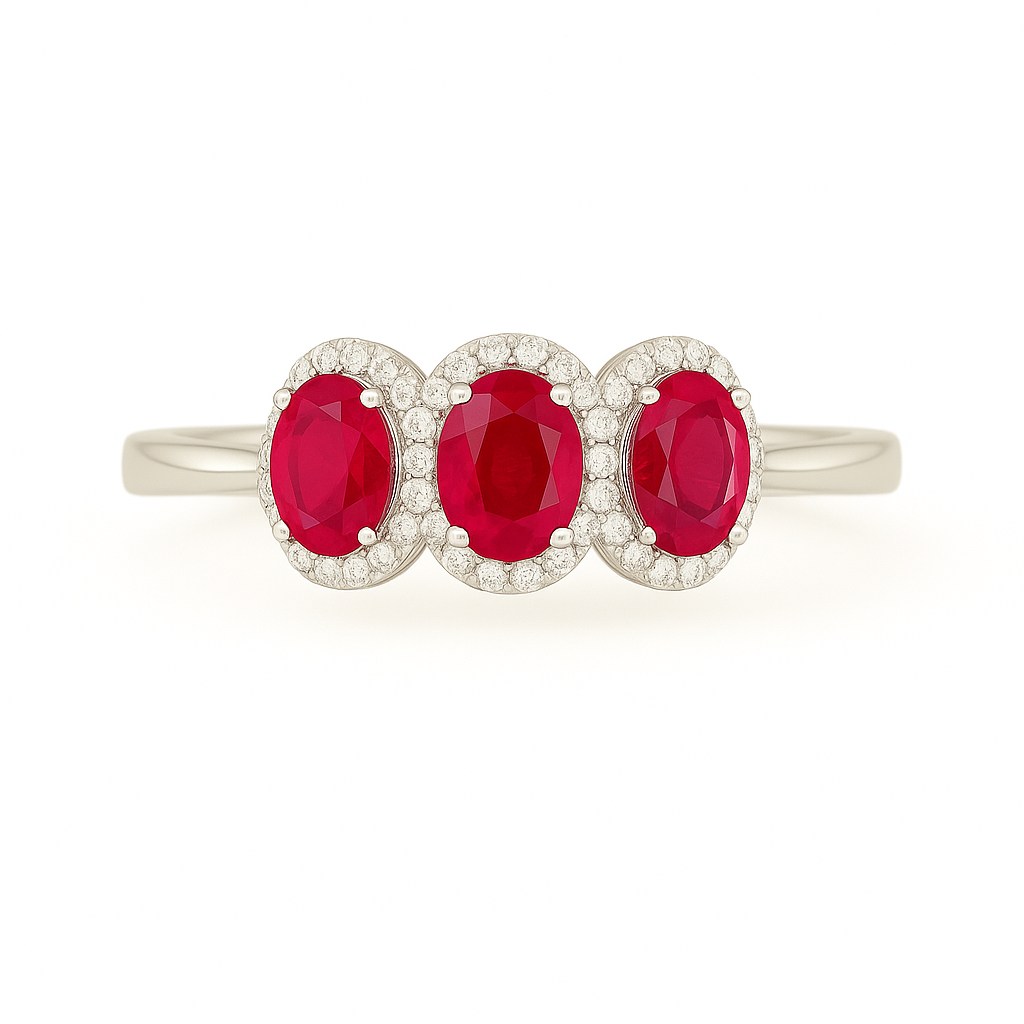 Triple Oval Ruby Ring – 7x5 mm Stones with Diamond Halo