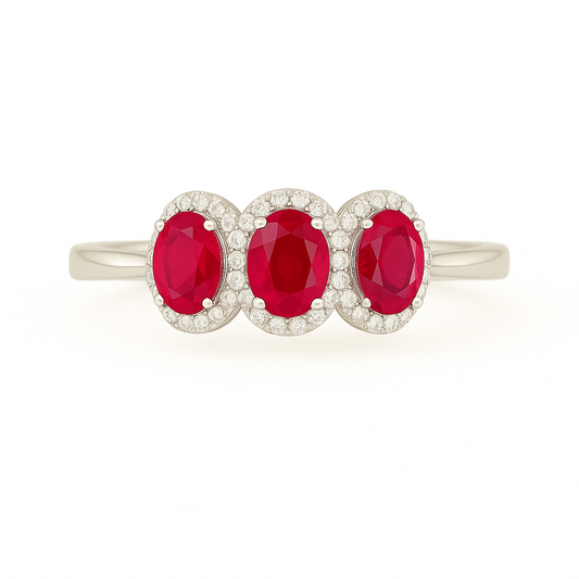 Triple Oval Ruby Ring – 7x5 mm Stones with Diamond Halo
