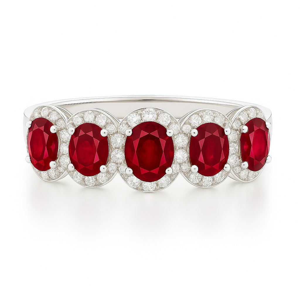 Five-Stone Ruby Ring – Oval 5x4 mm with Diamond Halo