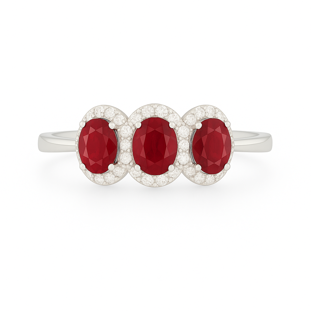 Triple Ruby Halo Ring – Oval 5x4 mm with Diamond Surround