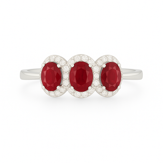 Triple Ruby Halo Ring – Oval 5x4 mm with Diamond Surround