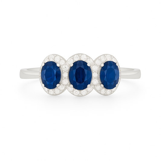 Triple Sapphire Elegance Ring – Oval 5x4 mm with Diamond Halos