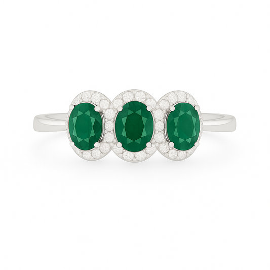 Triple Emerald Halo Ring – Oval 5x4 mm with Diamond Accents