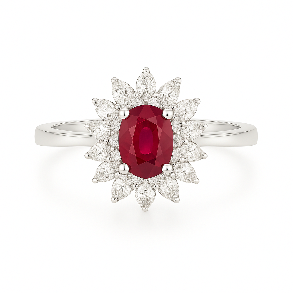Double Halo Ruby Ring – Oval 5x4 mm with Layered Diamond Accents