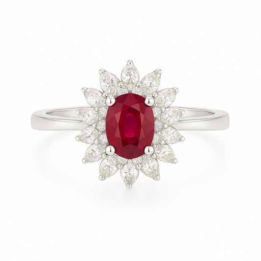 Double Halo Ruby Ring – Oval 5x4 mm with Layered Diamond Accents