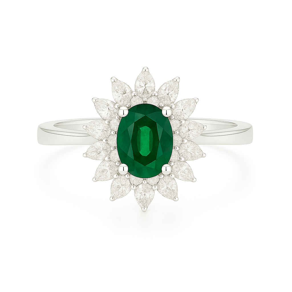 Double Halo Emerald Ring – Oval 5x4 mm with Layered Diamond Frame