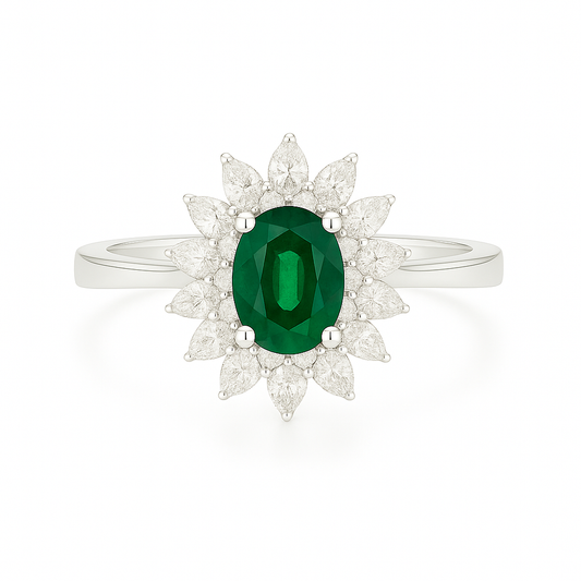 Double Halo Emerald Ring – Oval 5x4 mm with Layered Diamond Frame
